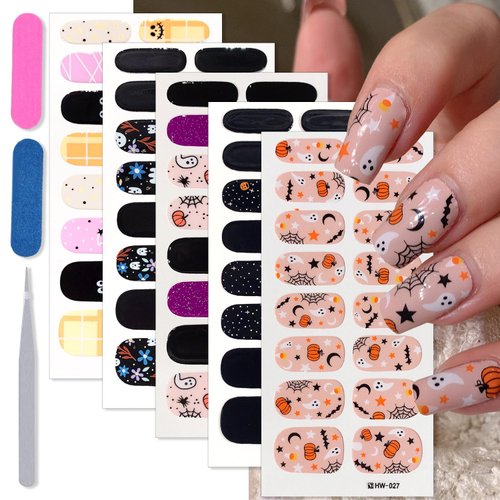 Halloween Nail Wraps Ghost Black Cat Pumpkin Spider Full Wrap Nail Stickers Halloween Design Gel Nail Polish Wraps Decals for Women DIY Salon Manicure Halloween Nail Art Decoration Stickers 8 Sheets
