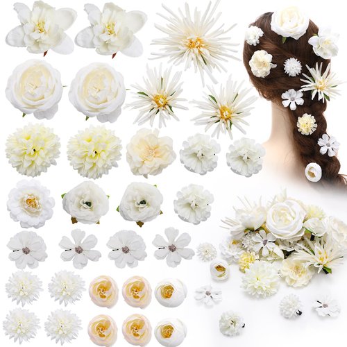 Korvishow 30pcs White Flower Hair Clips - Womens Girls Boho Handmade Artificial Rose Floral Barrettes Hair Clips Bridal Wedding Hair Accessories for Holiday Vacation Fairy Costume Photo Props