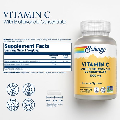 Solaray Vitamin C with Bioflavonoid Concentrate - Rose HIPS, Acerola Cherry and Bioflavonoids - Vitamin C 1000mg - Immune Function, Skin, Hair, Nails Support - Vegan - 100 Servings, 100 VegCaps