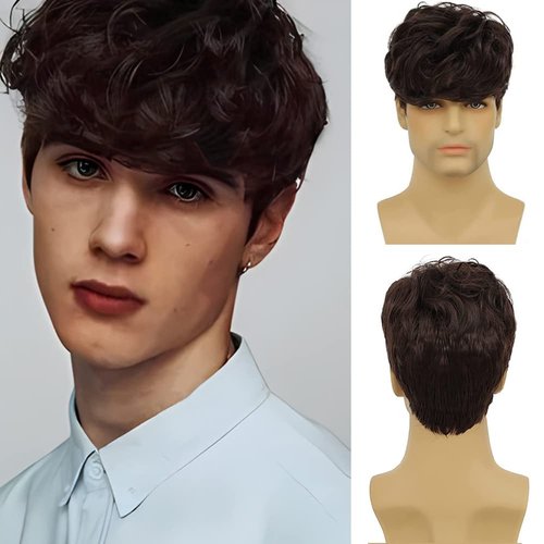 Tseses Curly Brown Wigs for Men Short Natural Layered Hair with Bangs Fluffy Men Costume Synthetic Wigs
