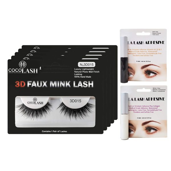 Cocohoney 3D Faux False Mink Eyelashes (5 PAIRS plus 1 ADHESIVE GLUE) DAILY LOOK, Reusable, Ultralight, Durable, Easy Application (3D015 (plus WHITE GLUE))