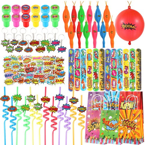LiYiQ 122 Pcs Hero Party Favors with Hero Punch Balloons Reusable Drinking Straws Hero Slap Bracelets Keychains Stamps Stickers and Gift Bags for Kids Hero Birthday Party Supplies (Style 1)