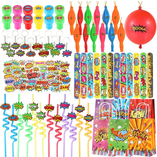 LiYiQ 122 Pcs Hero Party Favors with Hero Punch Balloons Reusable Drinking Straws Hero Slap Bracelets Keychains Stamps Stickers and Gift Bags for Kids Hero Birthday Party Supplies (Style 1)