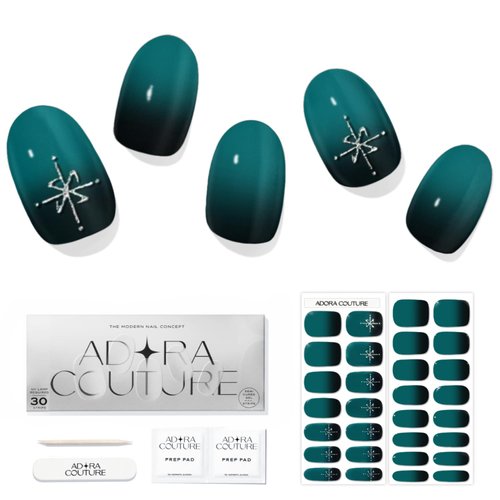 ADORA COUTURE Semi Cured Gel Nail Strips Kit | 30pcs Uv Gel Nail Stickers with Uv Light | Green Emerald Envy Nail Wrap | Nail Gel Stickers for Nails Uv Light (Emerald Envy)