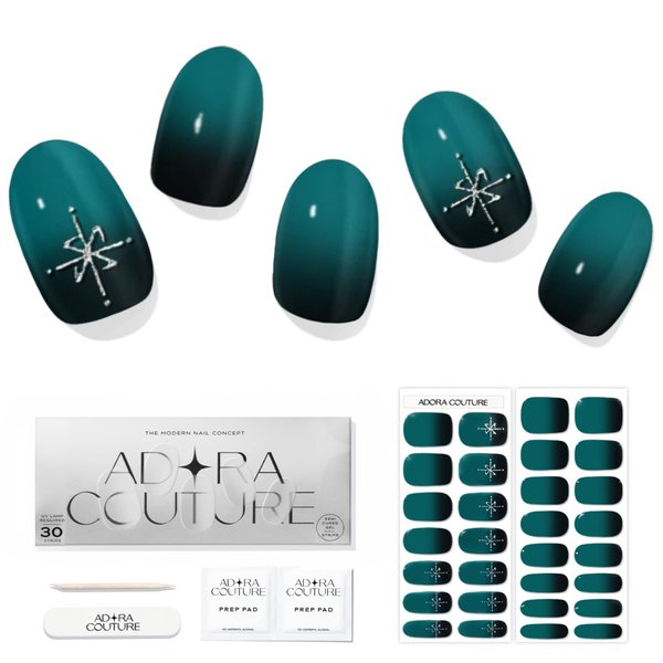 ADORA COUTURE Semi Cured Gel Nail Strips Kit | 30pcs Uv Gel Nail Stickers with Uv Light | Green Emerald Envy Nail Wrap | Nail Gel Stickers for Nails Uv Light (Emerald Envy)