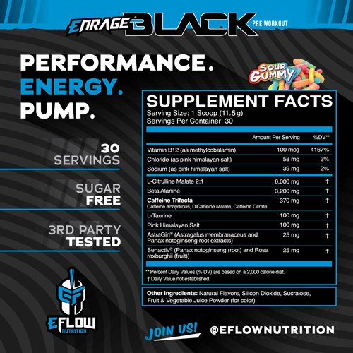 eFlow Nutrition Enrage Black High Stimulant Pre Workout Supplement - Preworkout Powder to Boost Energy, Pumps and Strength - 4 Flavors (30 Servings) (Sour Gummy)