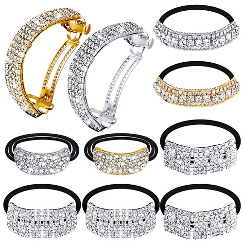 10 Pcs Rhinestones Hair Ties Bling Hair Bands Hair Clip Barrettes Glitter Crystal Ponytail Holders Silver Gold Scrunchies Hair Accessories for Valentine's Day Women Girls Birthday Mother's Day Gift