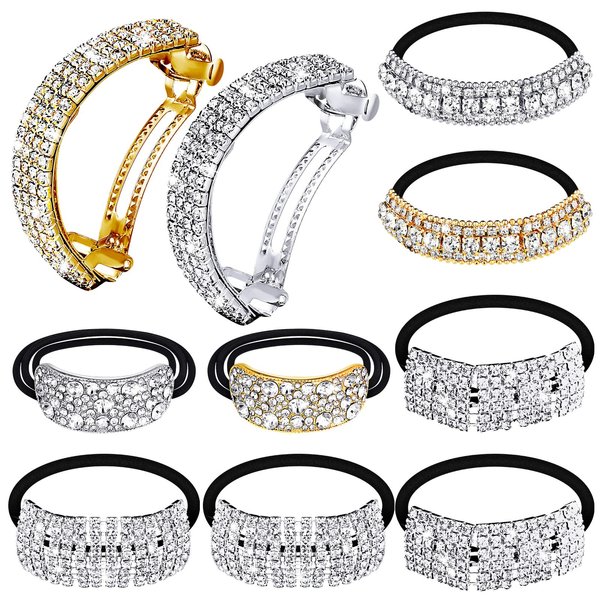 10 Pcs Rhinestones Hair Ties Bling Hair Bands Hair Clip Barrettes Glitter Crystal Ponytail Holders Silver Gold Scrunchies Hair Accessories for Valentine's Day Women Girls Birthday Mother's Day Gift