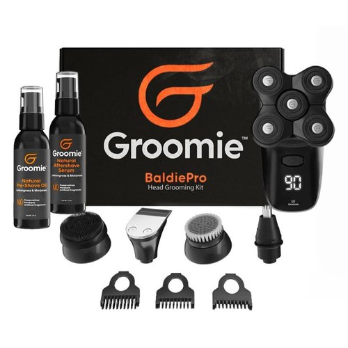 GROOMIE No Hair, Don't Care Bundle - BaldiePro Electric Head Shavers for Bald Men, Natural Pre-Shave Oil to Promote Close Shave, & Natural Aftershave Serum - Mens Head Shaver Kit w/Electric Razor