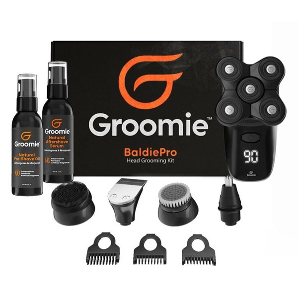 GROOMIE No Hair, Don't Care Bundle - BaldiePro Electric Head Shavers for Bald Men, Natural Pre-Shave Oil to Promote Close Shave, & Natural Aftershave Serum - Mens Head Shaver Kit w/Electric Razor
