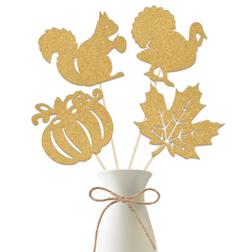 Happy Thanksgiving Day Centerpiece Sticks, Happy Thanksgiving Day Decorations, Autumn Fall Birthday Baby Shower Party Decoration, Turkey Grateful Thankful Party Supplies Gold 12 Pieces