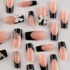 French Tip Press on Nails Black Fake Nails Medium Length False Nails Square Acrylic Nails with Bow Star Charm Designs Cute Artificial Nails Full Cover Glossy Stick on Nails Bow Glue on Nails for Women