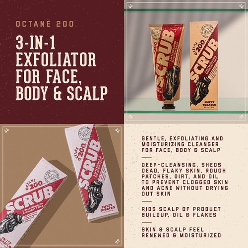 18.21 Man Made Octane 200 Scrub for Face, Body and Scalp in Sweet Tobacco Pore Cleanser,Exfoliator Wash and Scrub infused with Bamboo, Jojoba & Macadamia Oil to Moisturize,Hydrate,Clean & Renew, 6 Oz.