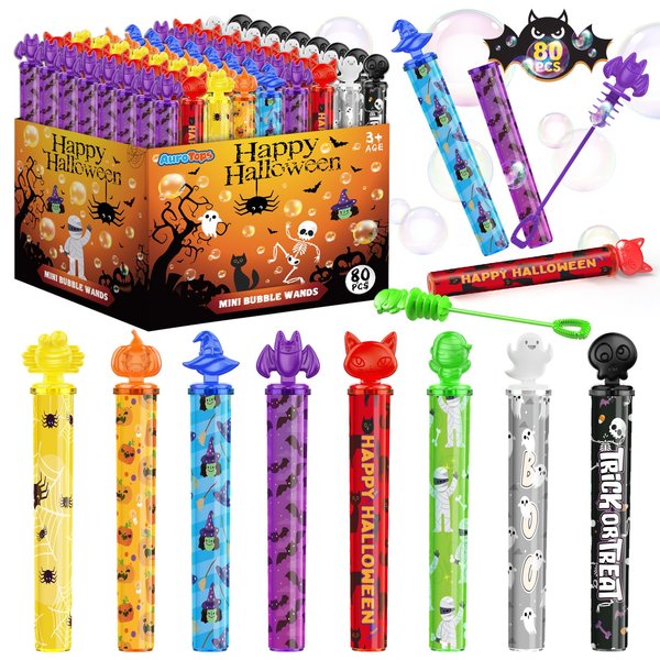 AuroTops 80pcs Halloween Mini Bubble Wands, Halloween Party Favors for Kids, Halloween-Themed Stickers Bubble Wands for Trick or Treat, Goodie Bags, Halloween Toys Gifts for Kids