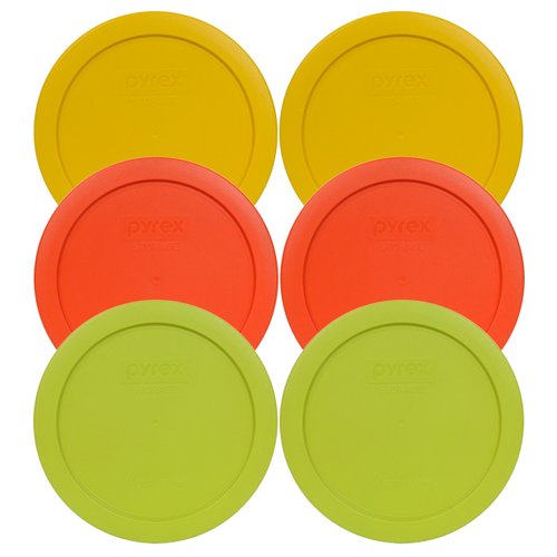 Pyrex 7201-PC 4 Cup (2) Butter Yellow, (2) Pumpkin Orange, & (2) Edamame Green Plastic Food Storage Lids, Made in USA