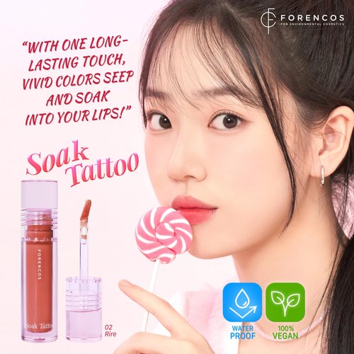 FORENCOS Soak Vegan Lip Tint/Stain, Water Gel Formula, Weightless & Non-sticky Finish, Vivid Color, Smudge-proof, Cruelty-Free, Korean Makeup, Waterproof, 0.11 oz (02 Rire)