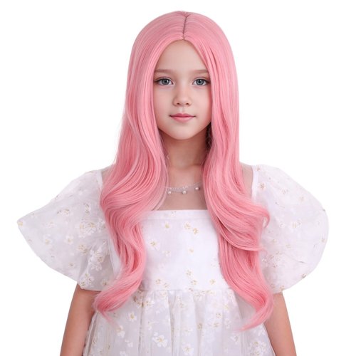 Edivd Child Pale Pink Wig Girls Long Pastel Pink Wavy Curly Wig Kids Long Light Pink Part Wig Hea...