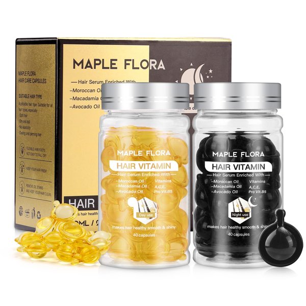 Maple Flora Hair Vitamin Serum Capsule, Hair Treatment Serum, Enriched with Moroccan Macadamia Avocado Oils, Vitamins A C E Pro B5, No Rinse and Safe for All Hair- 2 Bottles