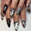NEWSPIED 24 Pcs Almond Press on Nails Medium Stiletto Fake Nails Black White Design Punk Glue on Acrylic Nails Scary Anime Cartoon Full Cover Stick on Nails Gothic False Nails for Women Girls