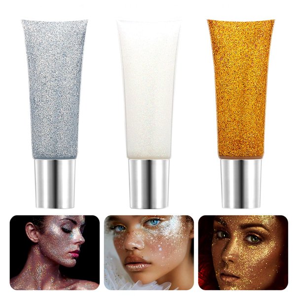 Body Glitter Gel Set Holographic Glitter Festival Makeup for Face Hair Rave Accessories Body Shimmer Glitter Liquid Lotion(Sliver+Gold+White)