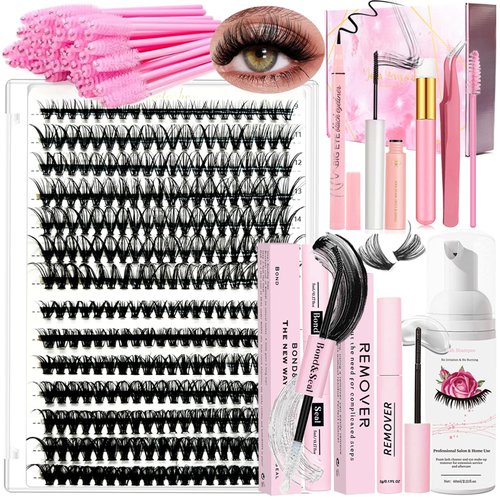 DIY Lash Extension Kit 280 Pcs 9-16mm 30D+40D Individual Lashes Clusters with Lash Bond and Seal Glue Remover Eyeliner Mascara Tweezers Lash Shampoo Cleansing Brush Lash Brusha