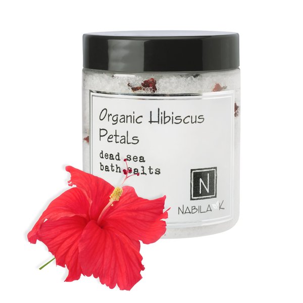Nabila K Organic Bath Salts - Dead Sea Salt & Epsom Salt Scrub & Bath Soak - Exfoliates & Hydrates The Skin - Botanical Essential Oils & Extracts - Hibiscus Petals - 9.5 oz