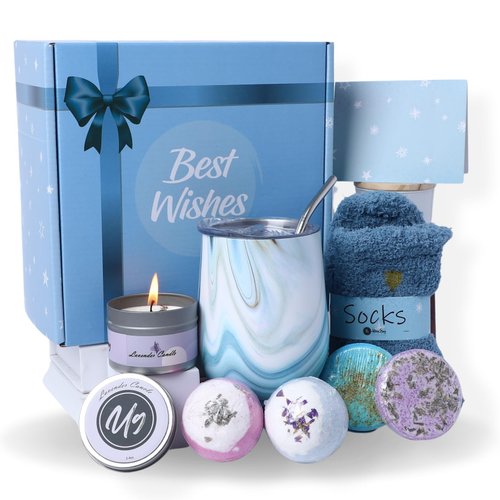 Christmas Gifts for Women, Birthday basket for women, Spa Gift Basket with Wine Tumbler, Bath Bombs, Candle, Socks – Unique 50th Birthday Gifts for Her – Self Care Gift Box for Women