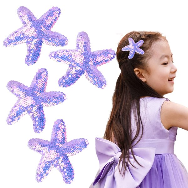 Kistreao 4Pcs Starfish Hair Clips Glitter Sea Star Hair Pins Sequins Hair Barrettes Mermaid Hair Accessories for Women Girls Birthday Wedding Celebration Party Supplies(Light Purple)