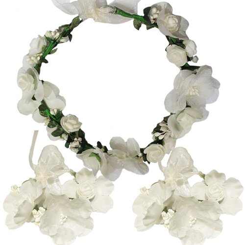 Flower Crown Headband Wristbands Rose Wreath Garland Hair Bands Wrist Bands Floral Wedding Bridal Hair Hoop Bracelet Women Leaf Ribbon Adjustable Handmade Rattan Vine Hair Accessories 3 Pack Beige