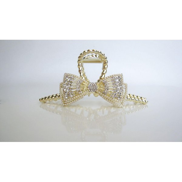 Long one sided crystal bow gold metal hair claw clip for medium thick hair