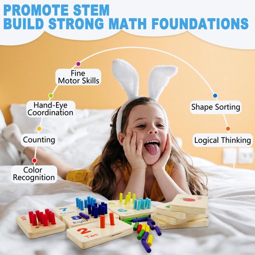 Wooden Number Counting Peg Board, Montessori Kids Math counters, Montessori Counting Toys for 3 4 5 Years Old Kids, Toddler Preschool Learning Toys, Kindergarten Homeschool Autism Learning Materials