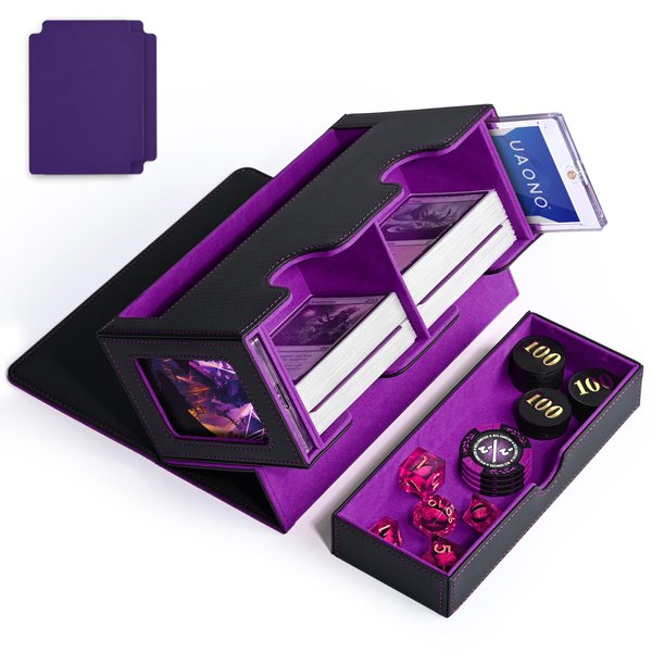 UAONO MTG Deck Box with 2 Commander Display and Dice Tray-Patented Design, Double Deck Box for 250+ Single Sleeved Cards, Leather Magnetic Card Storage Box Fits for TCG CCG Magic Cards (Black&Purple)