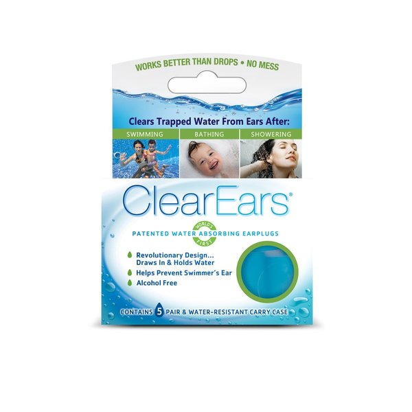 Clear Ears Water Absorbing Earplugs 5 Pairs, for Swimming, Bathing or Showering, Carry Case, for Adults or Kids.