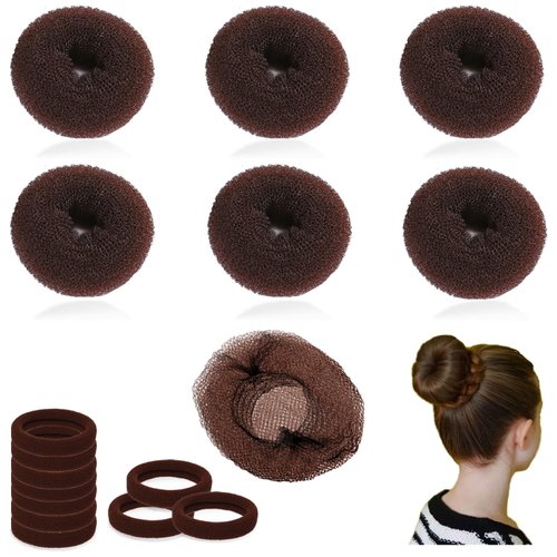 Small Hair Donut Shaper for Kids - 6 PCS Chignon Bun Maker for Girls, Mini Doughnut Form for Short and Thin Hair (5 Piece Invisible Nets, 10pcs Elastic Bands) Brown