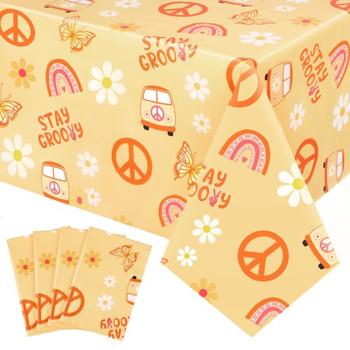 4 Pcs Stay Groovy Tablecloth Retro Hippie Boho Party Table Covers Daisy Flower Bohemian Rainbow Tablecloths Disposable Waterproof Table Cover 60s Theme Birthday Party Decor Supplies (54 x 108 Inch)