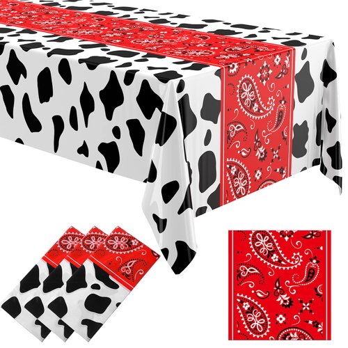 Oudain 3 Pcs 54 x 108 Western Party Decorations Cowgirl Rodeo Paisley Tablecloths Plastic Rectangle Table Runner Table Cover Birthday Decorations for Western Cowboy (Red)