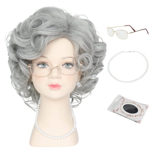 M MISS U HAIR Missuhair Old Lady Wig for Kids Short Grey Curly Grandma Wig with Granny Glasses Pearl Necklace 100 Days of School Party Cosplay Wig