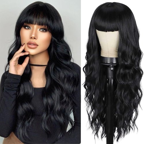 FCHLHFC Long Wavy Wigs with Bangs Black Wigs for Women, 26 Inches Long Curly Wavy Wigs Heat Resistant Synthetic Fiber Wigs for Daily Party Use (Black)