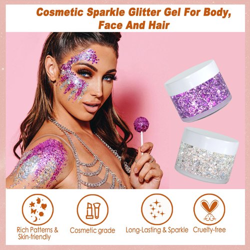 Boko 50ML Body Glitter Gel, Red White Blue Chunky Glitter for Face Hair Body Makeup, Cosmetic Patriotic Glitter for Flag Party 4th of July Independence Day Olympic Rave Accessories - Freedom Starlight