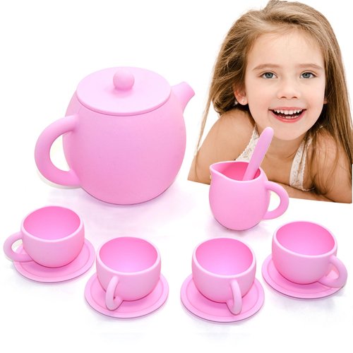 Silicone Tea Set, Silicone Tea Party Set, Pretend Play Tea Party Set for Girls, Food Grade Kids Kitchen Tea Set Accessories for Party (Pink)