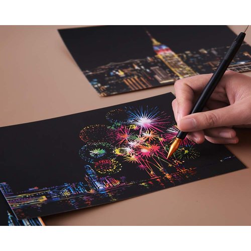 Magic Scratch Art Paper, Mini Envelope Postcard, Rainbow Night View Scratchboard for Adults and Kids, Art & Crafts Set: 8 Sheets Scratch Cards & 6 Tools Drawing Pen, Clean Brush (Gorgeous Fireworks)