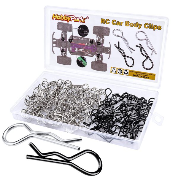HobbyPark 150 Pieces Universal Bent RC Body Clips Car Clips Silver & Black R Clips for All 1/10 1/12 Scale Redcat HPI Tamiya HSP Exceed RC Car Parts Truck Buggy Shell Replacement