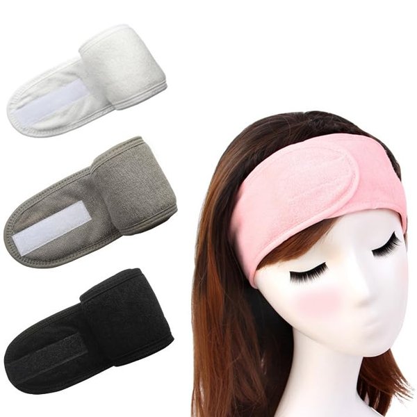 Soft Adjustable Velcro Headband, Beauty, Hair Accessories, Hair Wrap, 3 Piece Set (White, Black, Grey)