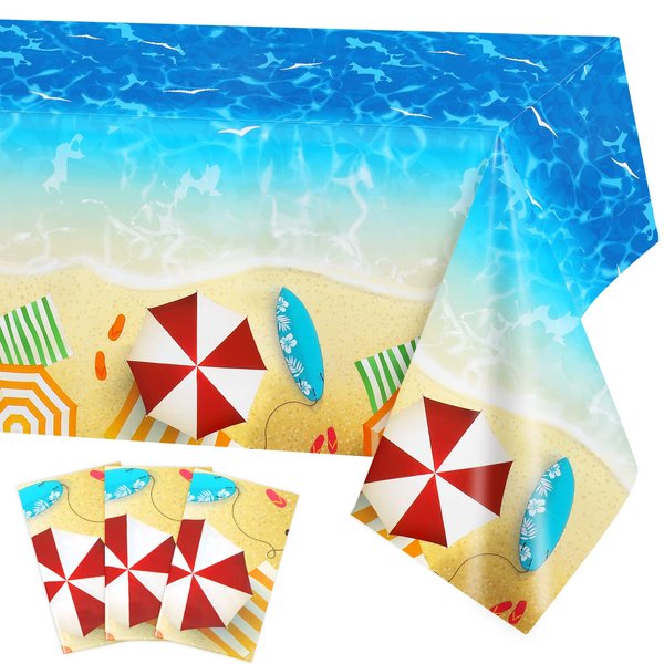 PHOGARY 3 Pieces Summer Beach Tablecloths Pool Surfboard Party Table Covers Plastic Rectangular Tablecloth Ocean Waves Tablecover for Summer Birthday Party Beach Party Supplies, 51 x 86 Inches