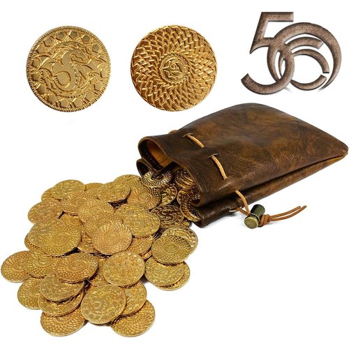50 DND Fantasy Metal Gold Coins & Leather Pouch for Dungeons & Dragons Novelty Tabletop RPG Board Games Tokens Treasure Coins for Party Tablelap Games Accessories Addons Medieval Game
