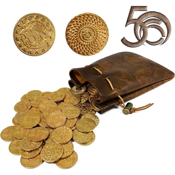 50 DND Fantasy Metal Gold Coins & Leather Pouch for Dungeons & Dragons Novelty Tabletop RPG Board Games Tokens Treasure Coins for Party Tablelap Games Accessories Addons Medieval Game