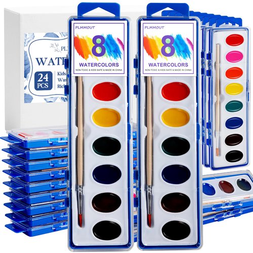 PLMMOUT 24 Pack Watercolor Paint Set,8 Colors Water Color Paints with Paint Brushes,Washable Bulk Watercolors Paint for Art Activities Birthday Party Favors