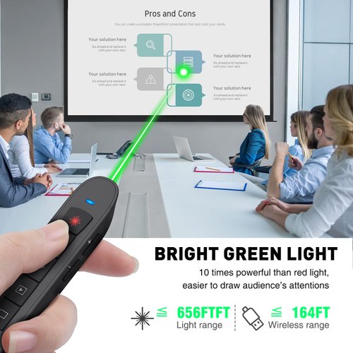 Presentation Clicker Green Laser Pointer, Rechargeable PowerPoint Clicker Wireless Presenter Remote, RF 2.4GHz USB Presentation Pointer Slide Advancer with Hyperlink Volume Control for Mac Computer