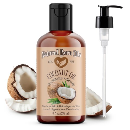 Natural Born Oils Coconut Oil Fractionated, 8oz, Organic, Cold-Pressed, Non-Greasy, Skin Moisturizer, Hair Shine Enhancer