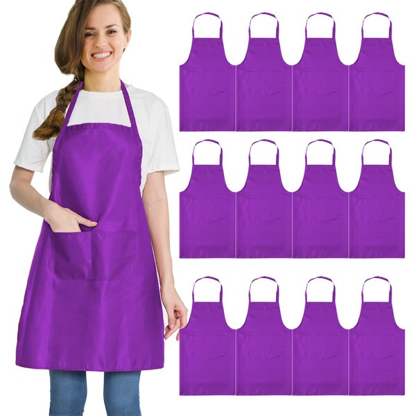 multifuns 12 pcs Purple Aprons Bulk Waterdrop Resistant for Women Men Kitchen Cooking Grilling Aprons with 2 Pockets (24x28 inch, Purple)…